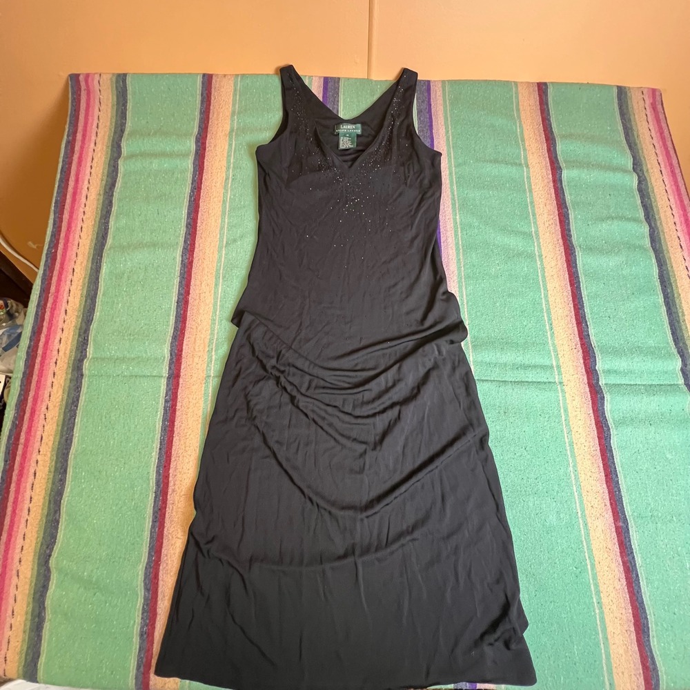 Lauren Ralph Lauren Maxi Dress Womens S Black Beaded V-Neck Sleeveless Evening